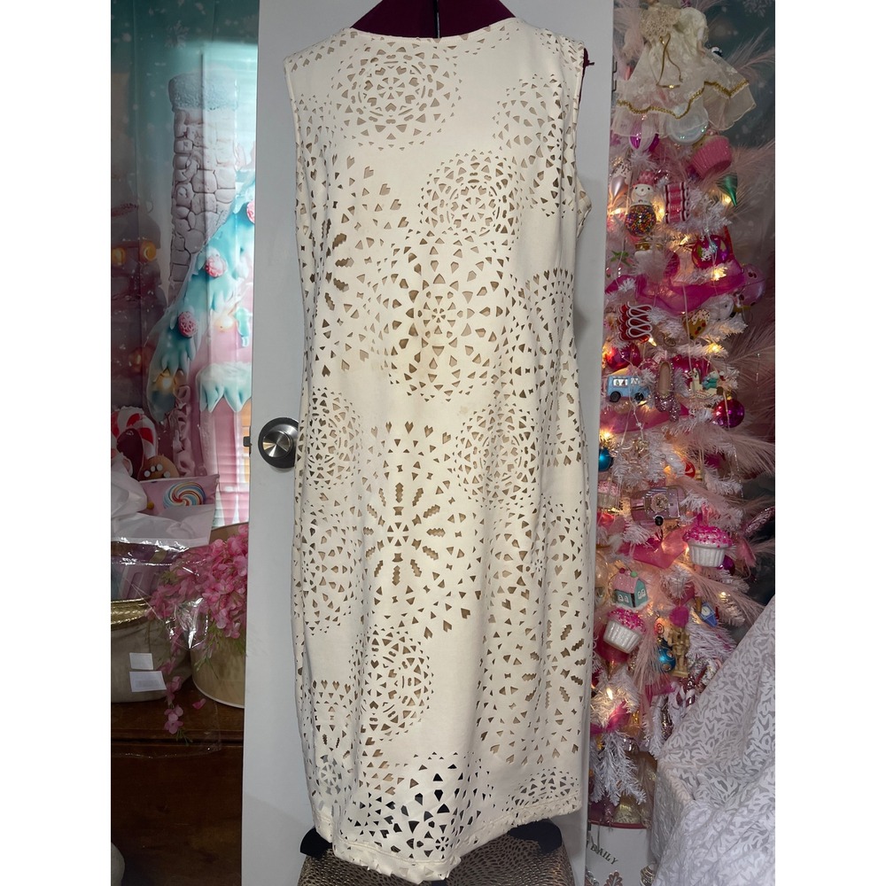 RMLL Laser Cut Shift Dress Womens 16 Cream Good Geometric Eyelet Sleeveless Midi